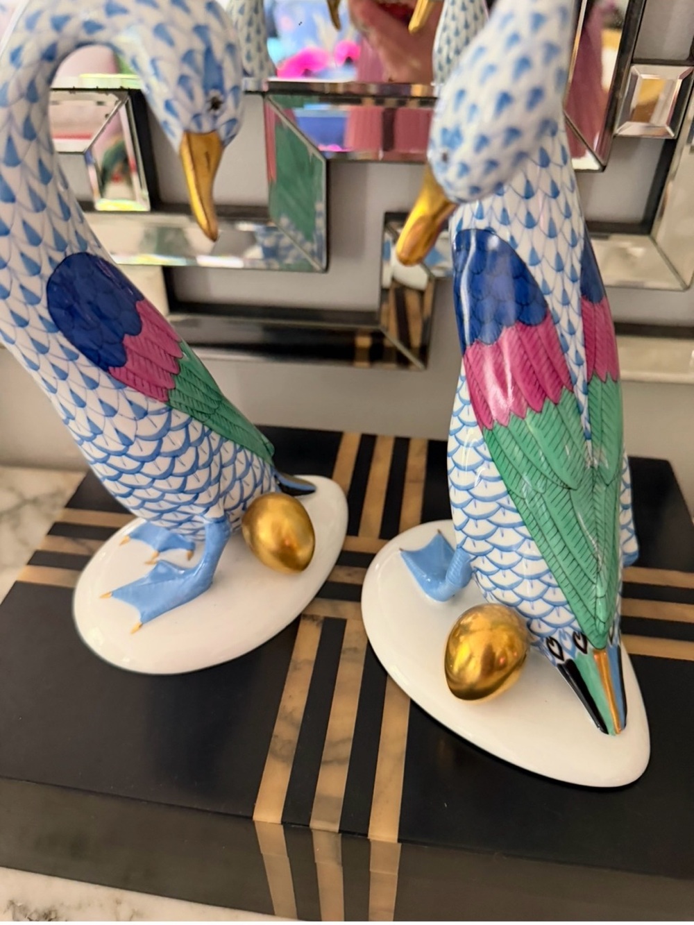 Pair of Herend Blue & 24K Gold Fishnet Figurines/ Goose with Gold Egg